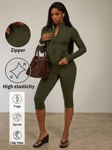 Eshe Glo Women Olive Green Sports Set/Fitness Set/Olive Green Set/Capri Pants Set/Zipper Set/Autumn Winter Set/Casual Set/Outdoor Set/2 Pieces Sets Woman/Tracksuit Set Women/Green Set - Army Green - View 3