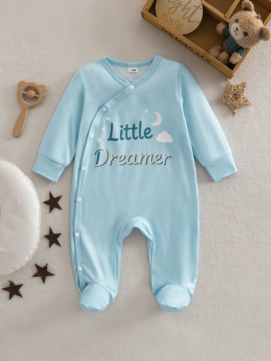 SHEIN Vintaside Kids 新生兒嬰兒連身衣,長袖連身褲,側開斜領,包腳睡衣,居家穿著,秋冬款,中性 - 彩色 - 查看 1