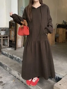 DAZY Women's Casual Hooded Long Sleeve Midi Dress - Brown - View 5