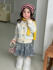 DAZY Infant/Toddler (Girl) Round Neck Colorblock Long Sleeve Autumn/Winter Korean Style Cardigan - Apricot - View 8
