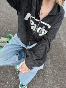 FRIFUL Women's Letter Graphic Drop Shoulder Long Sleeve Zip-Up Hooded T-Shirt Graphic Tees - Grey - View 2