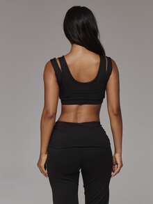 Musera Sport Double Layered Scoop Front Logo Back Sports Bra Sport Essentials Basics Gym Workout Autumn Fall Winter - Black - View 5