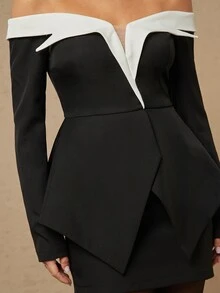 Silquee Women's Colorblock Off-Shoulder Asymmetrical Hem Jacket And Skirt Elegant Suit Set - Black - View 8