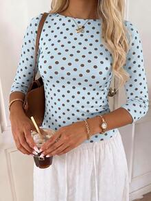 SHEIN EZwear 休閒極簡風 95% 棉 性感露肩復古波點 3/4 袖短袖 T-shirt，適合春夏，春夏穿搭顯白，夏季上衣，適合日常通勤、夏天、聖誕節、新年、感恩節、派對、婚禮、海灘、畢業典禮，時尚 - 彩色 - 查看 4