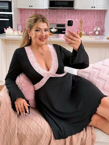Slumberry CURVE Plus Size Women Lace Patchwork Sexy Casual Home Sleep Dress - Black - View 1