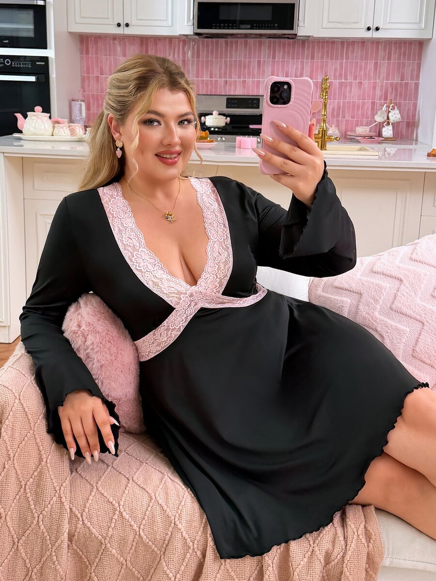 Slumberry CURVE Plus Size Women Lace Patchwork Sexy Casual Home Sleep Dress - Black - View 1