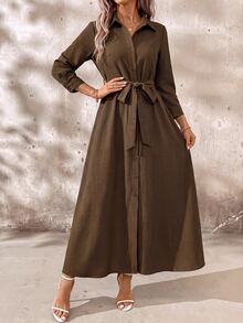 SHEIN Clasi 女款優雅襯衫領繫帶洋裝 辦公室咖啡棕色 秋季 - 棕色 - 查看 9