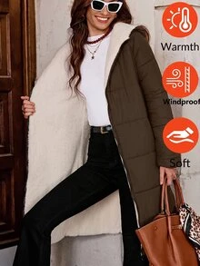SHEIN Clasi 女款拉鍊連帽泰迪毛內裡絎縫外套 秋冬款 - 咖啡棕 - 查看 8