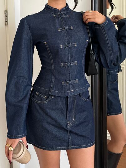 Siren Gaze Women's Stand Collar Single Breasted Denim Top And Denim Mini Skirt Set