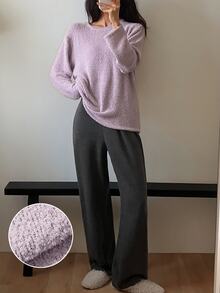 DAZY Women's Solid Color Round Neck Drop Shoulder Long Sleeve Top And Pants Loungewear Set - Purple - View 6