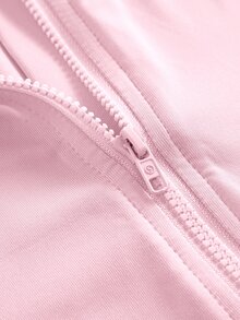 SHEIN Tween女孩秋冬時尚休閒純色藍色長袖立領拉鍊T恤背心迷你裙褲3件套返校裝 - 粉色 - 查看 3