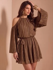 Bluhae Elegant Summer Coffee-Colored Silver Glitter Dress, Halter Neck Cold Shoulder Batwing Sleeve Tie-Up Party Outfit - Coffee - View 4