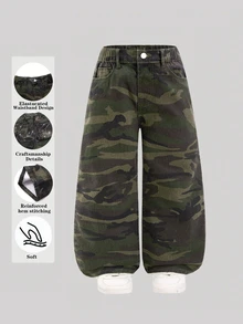 SHEIN Girls Y2K Camo Denim Jeans With Shiny Rhinestone Letter Pattern, Wide Leg Loose Fit, Back To School Streetwear - Army Green - View 3