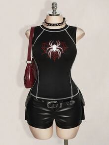 SHEIN ICON Plus Size Women Spider Pattern Sleeveless Round Neck Fashion Tank Top - Black - View 8