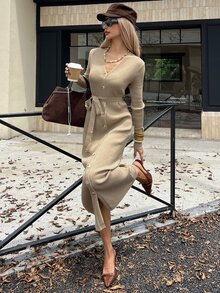 DAZY Women's Elegant Comfortable Commute Long Sleeve V-Neck Front Button Waist Tie Sweater Dress - Apricot - View 7