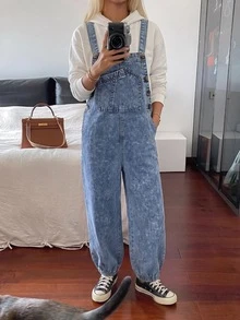 SHEIN Celana Panjang Overall Denim Kasual untuk Remaja Perempuan - Biru - View 3