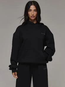 Musera Sport Oversized Logo Front Hooded Sweatshirt Coord Top Only Sport Essentials Basics Gym Workout Autumn Fall Winter - Black - View 1