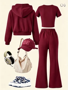 SHEIN Explorewe 3 قطع/مجموعة ملابس رياضية كاجوال للمدرسة للبنات المراهقات، طباعة حروف بيضاء، نمط كرتوني أزرق، أزرق مضلع، 2 جيب، مناسبة للمدرسة والخروجات والمشي والسفر - عنابي اللون - مشاهدة 2
