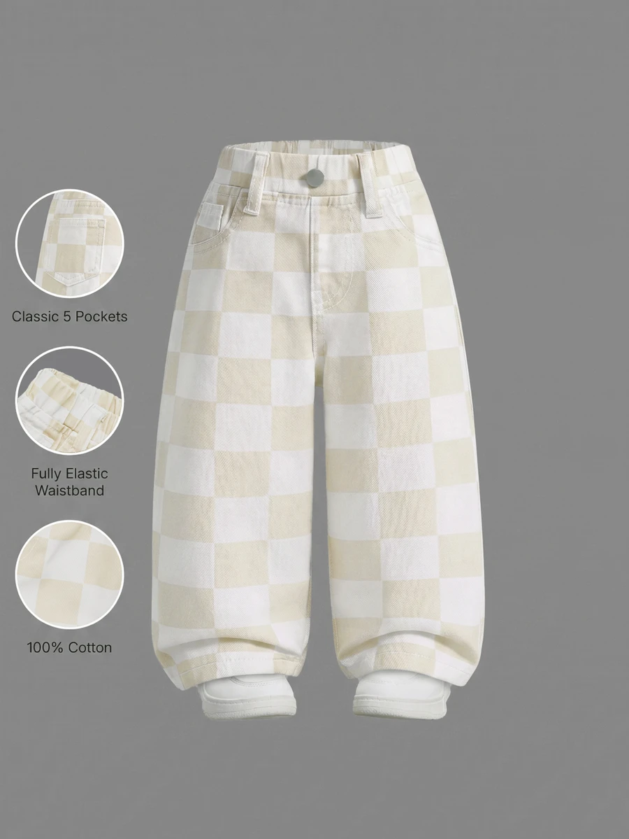 Elladie kids Denimly 嬰兒與幼兒休閒戶外學院風時尚百搭牛仔長褲,彈性腰帶、格紋圖案、水洗牛仔,秋冬款 - 杏色 - 查看 1