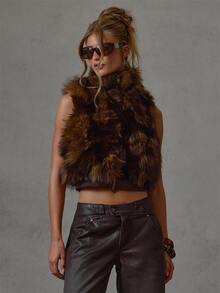 MUSERA Brown Fur Sleeveless High Neck Bolero Fall Winter Everyday Causal Back To School Forces - Coffee Brown - View 1