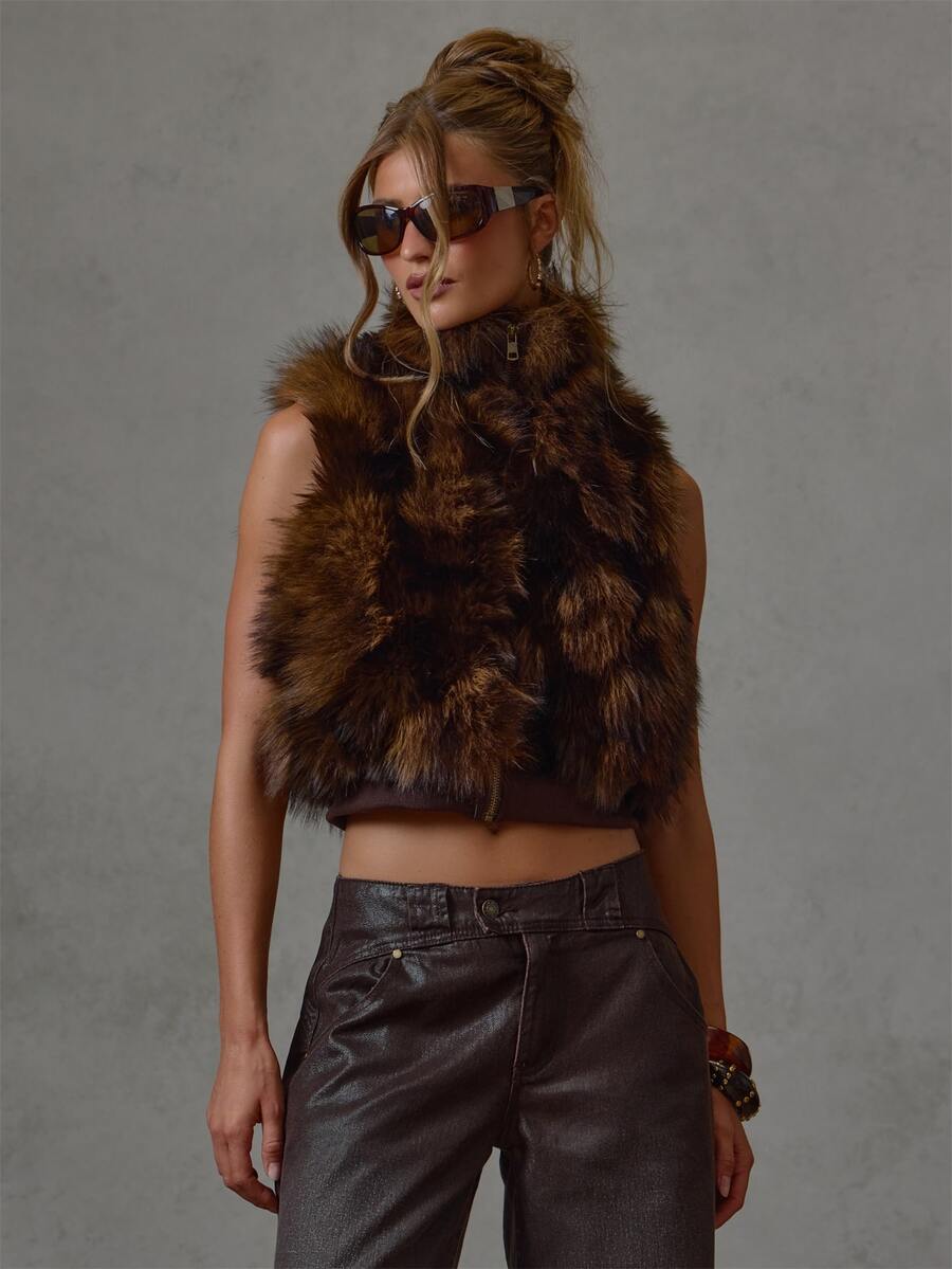 MUSERA Brown Fur Sleeveless High Neck Bolero Fall Winter Everyday Causal Back To School Forces - Coffee Brown - View 1