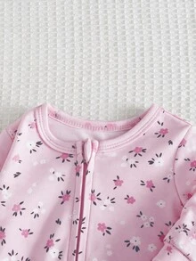 Cozy Pixies 女嬰花卉圖案針織柔軟圓領長袖連身褲 - 淺粉色 - 查看 6