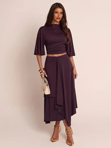 SHEIN BAE Fall Winter Deep Purple High Neck Loose Crop Top Layered Asymmetric Midi Skirt Two Piece Set Elegant Outfit - Brown - View 4