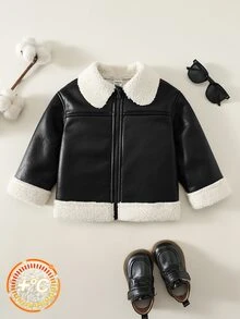 SHEIN 男嬰加厚保暖內裡長袖翻領夾克冬季外套，百搭舒適 - 黑色 - 查看 3