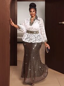 Maweii Contrast Black & Gold Striped V-Neck Cinched Waist Lace Batwing Sleeve Blouse Fall - White - View 4