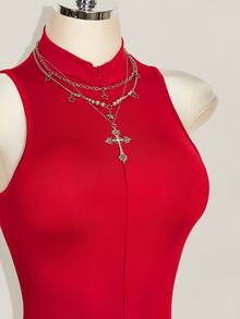 SHEIN ICON 女款後背拼接中國龍網紗背心連身褲 - 紅色 - 查看 5