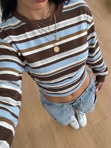 Coolane Women's Striped Crew Neck Drop Shoulder Long Sleeve Casual Cropped Sweatshirt - White - View 5