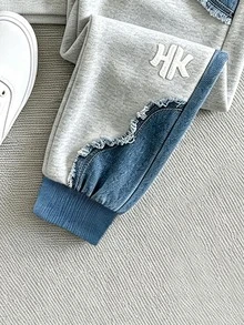 SHEIN 女童 2 件套休閒時尚春夏季秋季男孩圓領運動衫與運動長褲兩件套，酷炫幾何拼接圖案，彈性柔軟面料，春夏季秋季男孩套裝，休閒穿著，返校，派對，適合戶外野餐，街頭攝影，校園，假期，禮物用途 - 彩色 - 查看 6