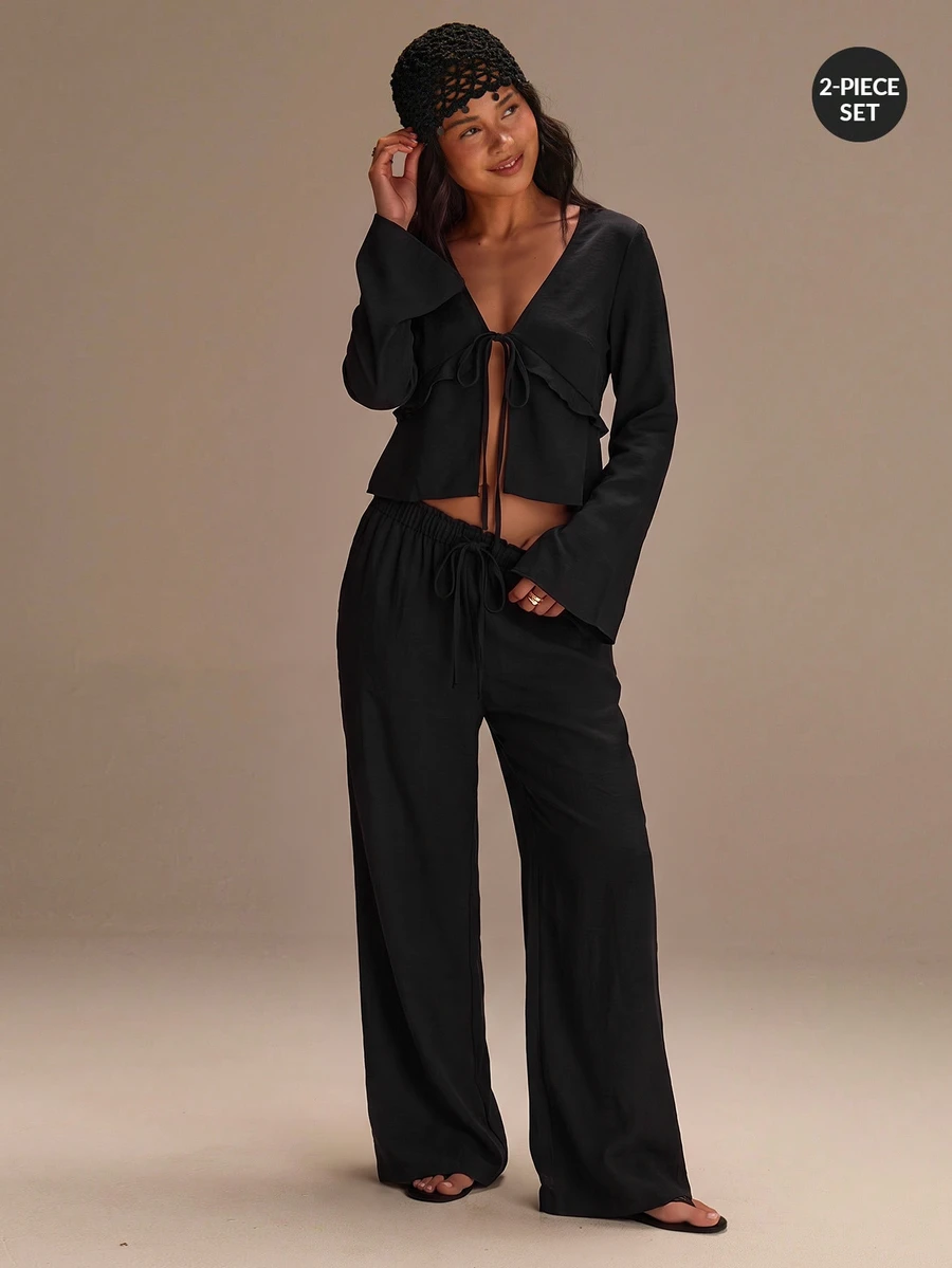 Athîral Women's Tie-Front Ruffle Long Sleeve Top & Solid Color Pants Two Pieces Set - Black - View 1
