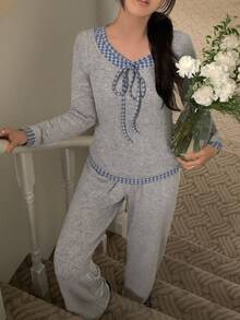 DAZY 2pcs/Set Women's Plaid Patchwork Contrast Color Long Sleeve T-Shirt & Straight Leg Long Pajama Pants Sleepwear Set - Grey - View 13