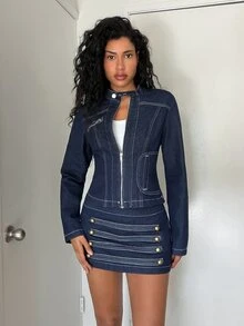Jeanoix Women's Y2K Stand Collar Zipper Washed Denim Jacket - Dark Wash - View 5
