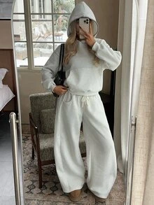 CovetEZ Women's Solid Color Fashion Minimalist Hoodie & Sweatpants Two Pieces Set - Grey - View 3