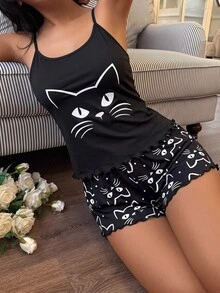 Dream Adore Cartoon Print Camisole & Shorts Pajama Set For Women - Multicolor - View 4