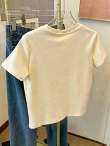 Resyla Women's Casual Round Neck T-Shirt With Letter Puff Print Pattern, Everyday Casual Wear - Khaki - View 2