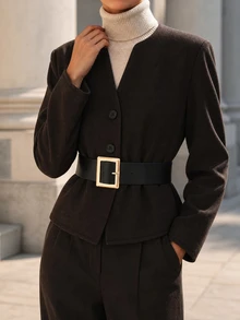 Balvessa Women's Brown Round Neck Black Belt Waist Short Wool Blend Versatile Jacket - Mocha Brown - View 7