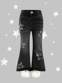 SHEIN 女款 Y2K 復古時尚星星水鑽亮片黑灰色水洗牛仔喇叭褲，適合學校、校園、日常穿著 - 黑色 - 查看 10