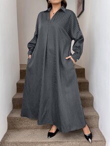 Easowa Curve 大尺碼女款條紋翻領落肩長袖休閒優雅商務休閒寬鬆洋裝 秋季辦公室灰色 - 深灰色 - 查看 5