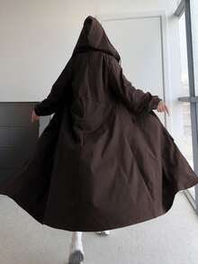 POPSWAY Plus Size Long Sleeve Hooded Jacket With Front Zipper Pockets And Drawstring Waist Fall - Coffee Brown - View 1
