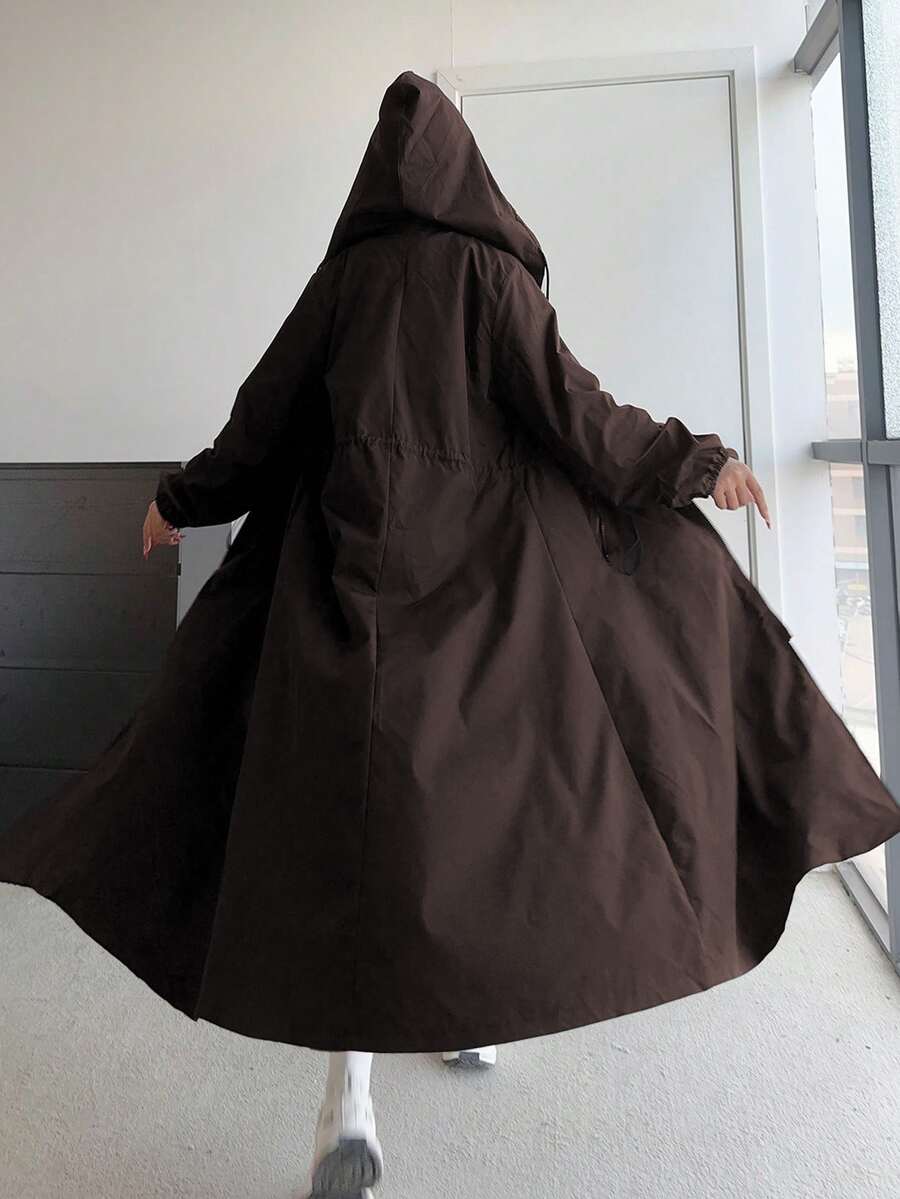 POPSWAY Plus Size Long Sleeve Hooded Jacket With Front Zipper Pockets And Drawstring Waist Fall - Coffee Brown - View 1