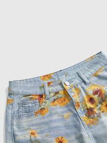 ROMWE Street Life Fairycore Floral Print Vintage Flower Versatile Street Style Women's Denim Capri Pants - Blue - View 3