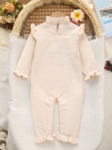 SHEIN Baby Girls Newborn Knit Romper, One-Piece Jumpsuit, Rabbit Embroidery, Ruffle Trim, Suitable For Autumn/Winter, Soft - Apricot - View 2