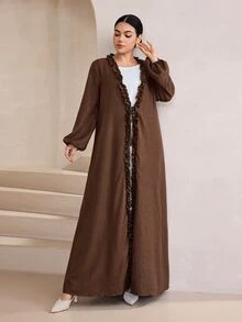 Graceveil Women's Arabic Abaya Elegant Casual Lantern Sleeve Ruffled Collar Front Opening Long Robe, Brown, Spring/Autumn Clothing - Brown - View 4