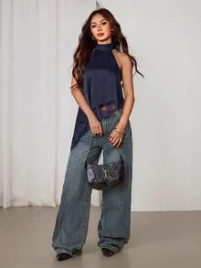 SHEIN PETITE 不對稱高領掛脖上衣，蕾絲飾邊，晚宴派對雞尾酒會正式優雅款 - 藏蓝色 - 查看 6