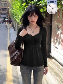 Sweetina 女款長袖收腰蝴蝶結裝飾蕾絲拼接純色休閒T恤 - 黑色 - 查看 1