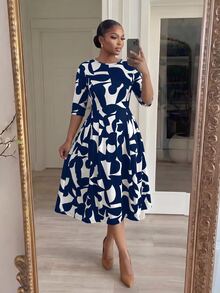 SHEIN Lady Plus Size Women's All-Over Print Pleated Casual Everyday Summer Dress - Navy Blue - View 7