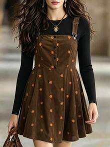 Auvina Set Atasan Lengan Panjang Warna Polos dan Gaun Suspender untuk Wanita Ukuran Besar - Coklat - View 5